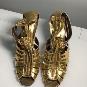 BCBG Maxazria Gold leather zipper front high heel sandals